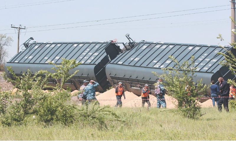 SIMFEROPOL: The site of a train derailment outside this city in Crimea. Russian officials described the derailment as a deliberate act.—AFP