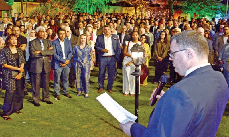 Norwegian Ambassador Per Albert Ilsaas speaks at an event held in connection with the Norwegian Constitution Day in Islamabad. &mdash; White Star