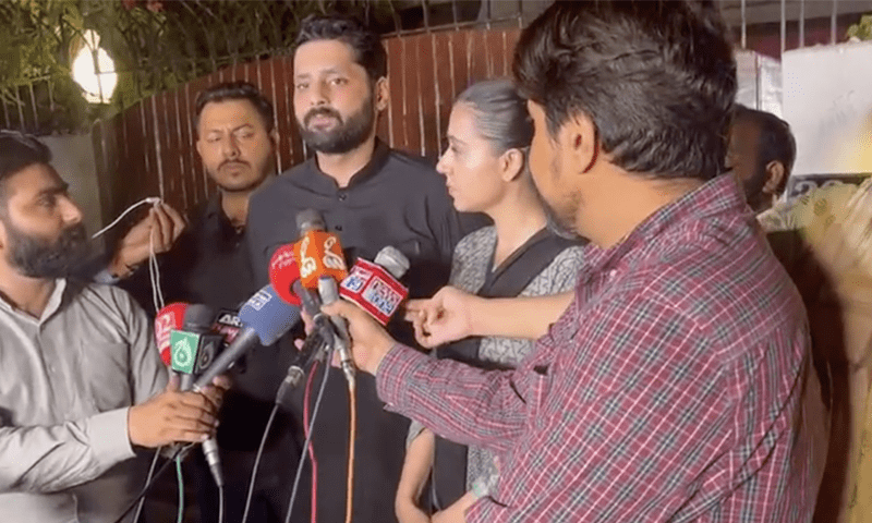 Lawyer Jibran Nasir speaks to the media in Karachi after his return on June 2, 2023.  — Screengrab