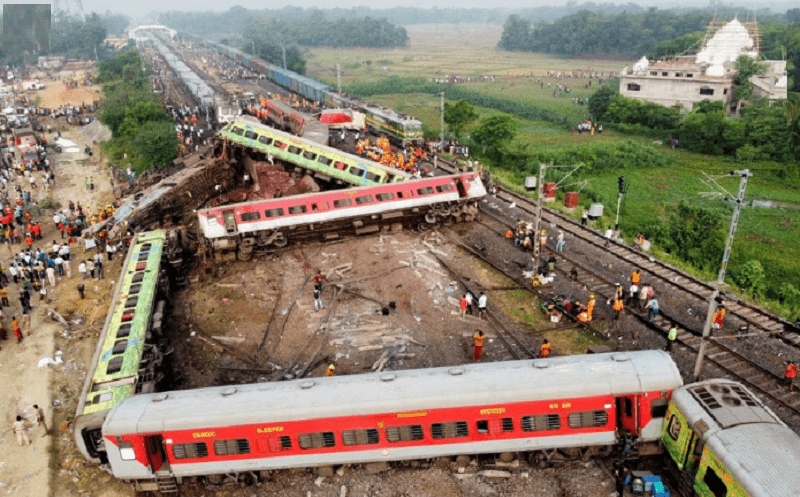 A drone view shows derailed coaches after two passenger trains collided in Balasore district in the eastern state of Odisha on Saturday. — Reuters