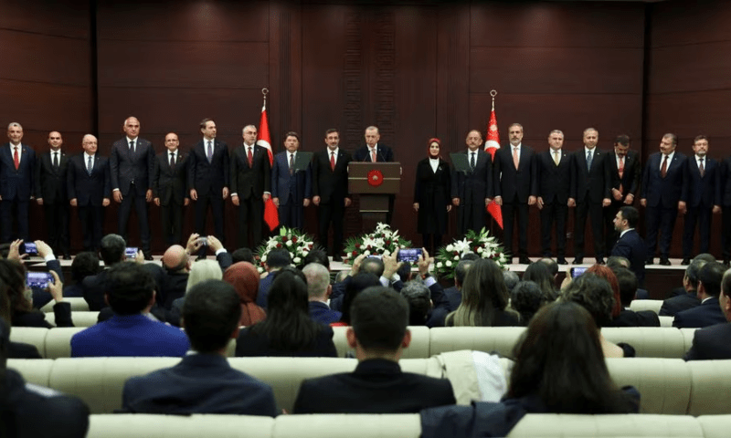 Turkish President Tayyip Erdogan speaks next to the new cabinet members during a press conference in Ankara, Turkiye on June 3. — Reuters