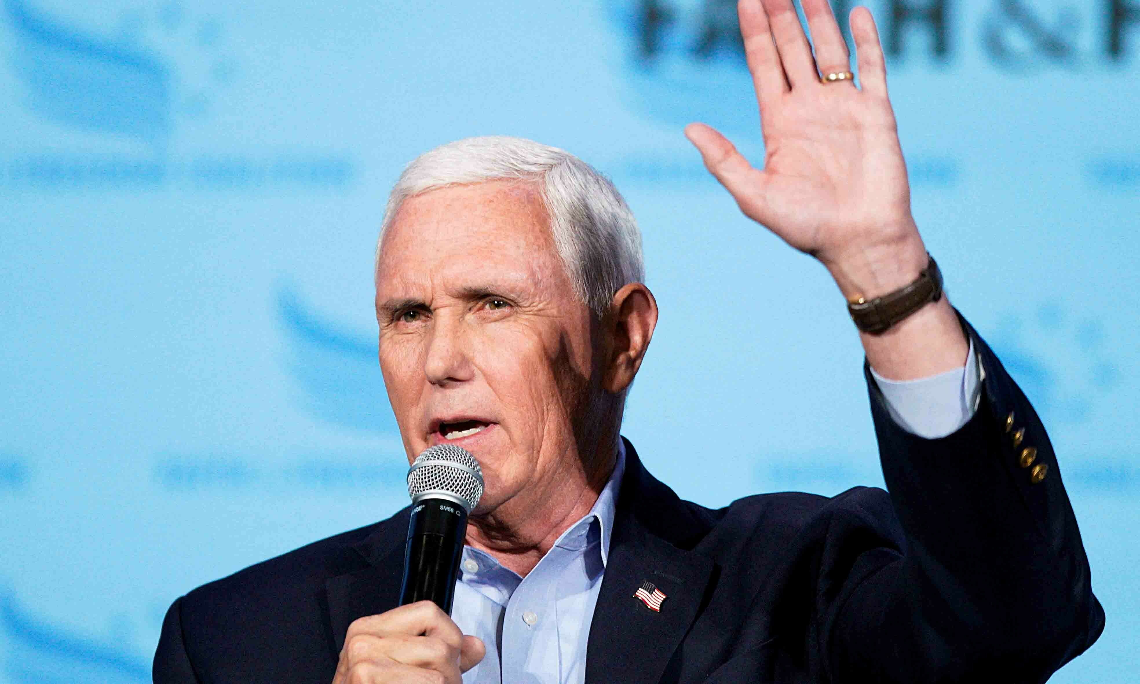 Former US vice president Mike Pence speaks at the Iowa Faith & Freedom Coalition Spring Kick-off in West Des Moines, Iowa on April 22. — Reuters