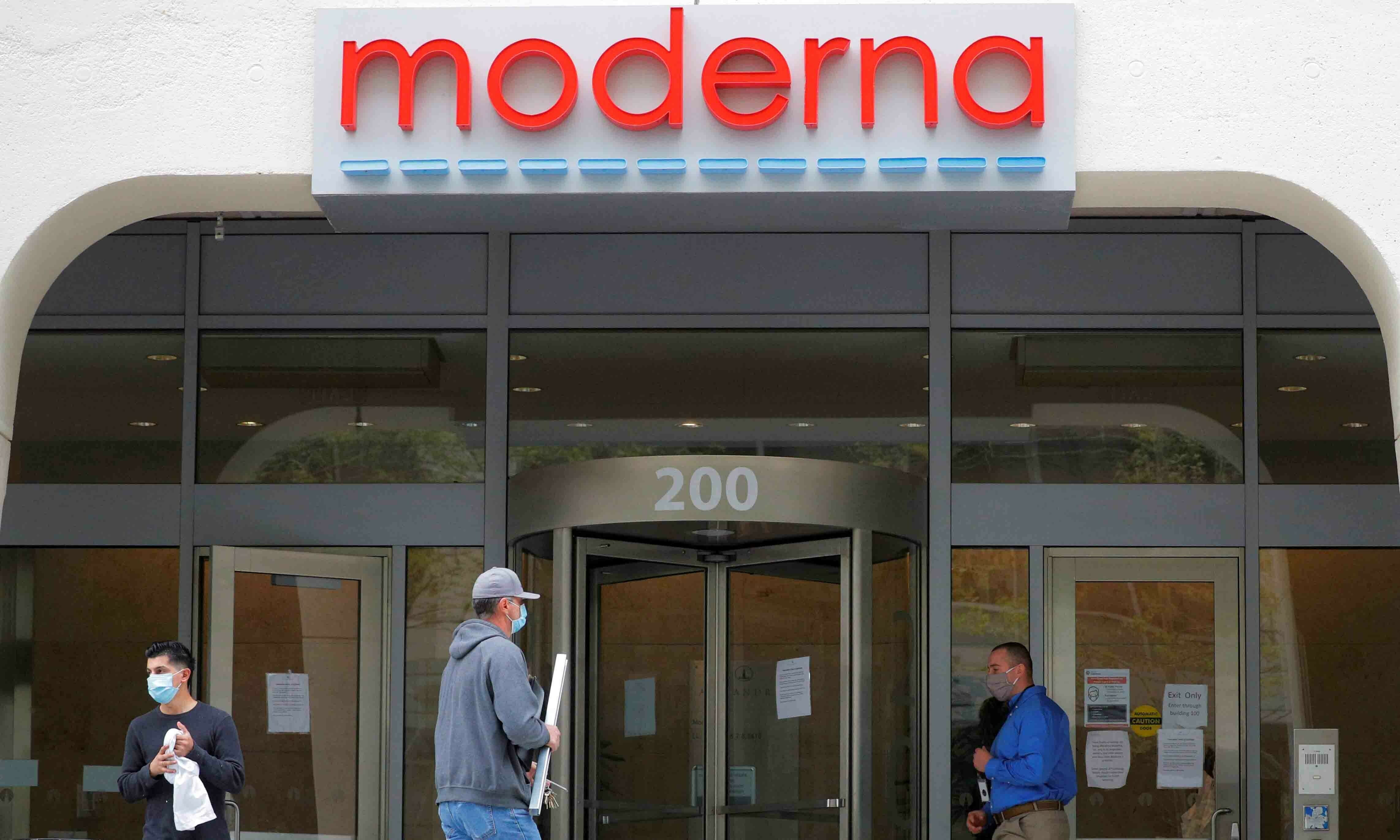 A sign marks the headquarters of Moderna Inc in Cambridge, Massachusetts, US on May 18, 2020. — Reuters