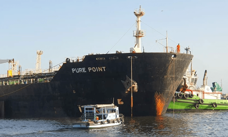 A picture of the cargo ship carrying crude oil from Russia in Karachi on Sunday. — DawnNewsTV