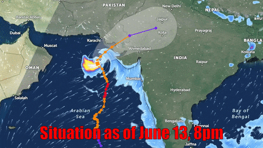 <p>یہ متحرک عکس بائپرجوائے سائیکلون کی رات 8 بجے کی صورت حال کو ظاہر کررہا ہے</p>