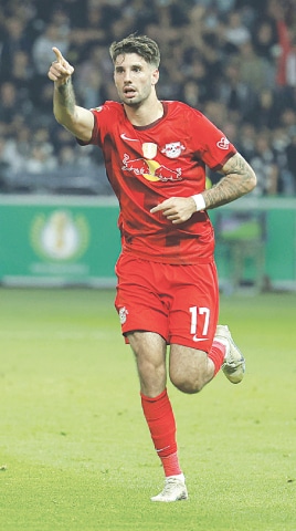 RB Leipzig&rsquo;s Dominik Szoboszlai celebrates scoring during the DFB Pokal final against Eintracht Frankfurt at Olympiastadion Berlin.&mdash;AFP