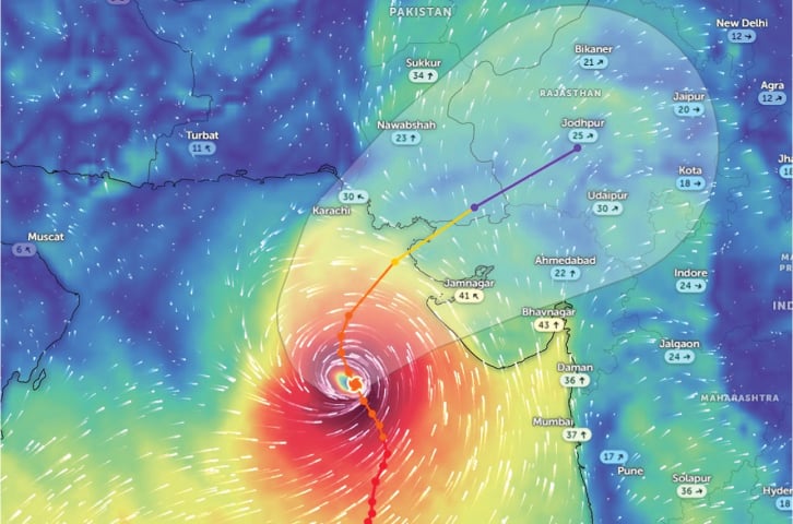  This visualisation from Monday night shows that Cyclone Biparjoy is around 500km from the coast of Sindh, but while its latest projected path takes it away from Karachi, it is still expected to cause heavy rain and strong winds. —Courtesy Zoom Earth 