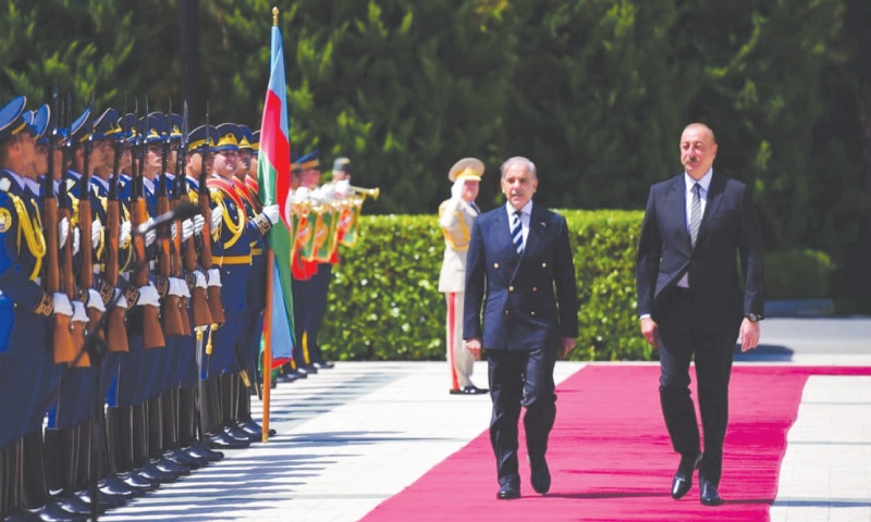 PRIME Minister Shehbaz Sharif inspects a guard of honour alongside Azerbaijan President Ilham Aliyev, in Baku.—PID PRIME Minister Shehbaz Sharif inspects a guard of honour alongside Azerbaijan President Ilham Aliyev, in Baku.—PID