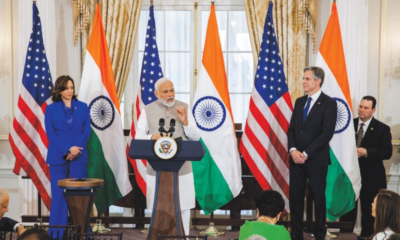 INDIAN Prime Minister Narendra Modi speaks as US Vice President Kamala Harris and Secretary of State Antony Blinken look on during a luncheon at the State Department in Washington, DC, on Friday.—AFP