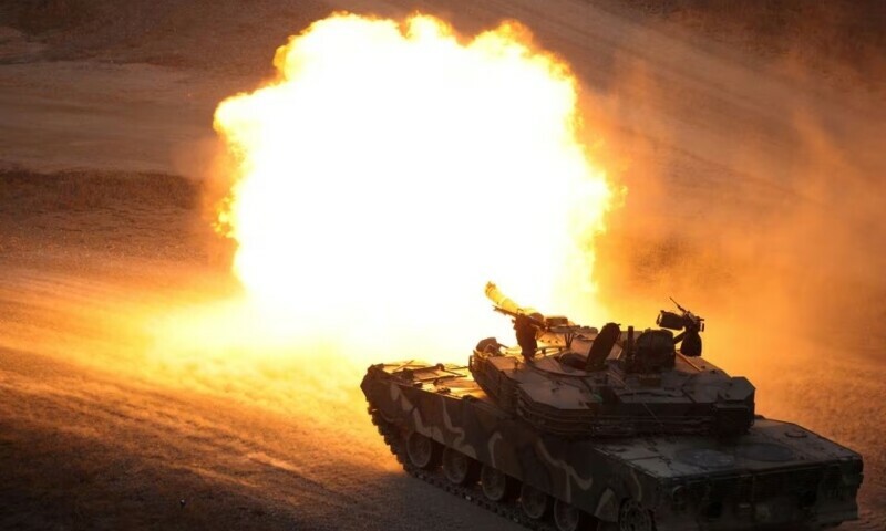 A South Korean army K1A1 tank fires during a live-fire drill which is a part of the joint military drill “Freedom Shield” between South Korea and U.S. at a military training field near the demilitarized zone separating the two Koreas in Pocheon, South Korea, March 22, 2023. — Reuters