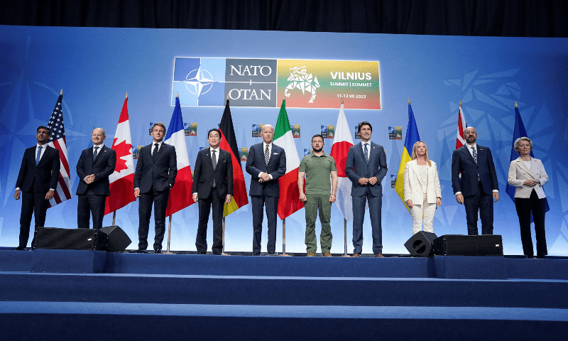 US President Joe Biden, Japan&rsquo;s PM Fumio Kishida, British PM Rishi Sunak, Canadian PM Justin Trudeau, German Chancellor Olaf Scholz, Italian PM Giorgia Meloni, France&rsquo;s President Emmanuel Macron, President of the European Council Charles Michel, European Commission President Ursula von der Leyen and Ukraine&acirc;&euro;&trade;s President Volodymyr Zelenskiy pose for a family photo, as they attend an event with G7 leaders as the NATO summit is held in Vilnius, Lithuania, July 12. &mdash; Reuters