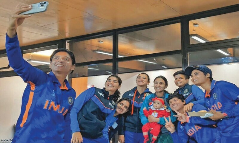 Bismah Maroof and her baby pose for a selfie with the Indian women’s cricket team in New Zealand in 2022. — File Bismah Maroof and her baby pose for a selfie with the Indian women’s cricket team in New Zealand in 2022. — File
