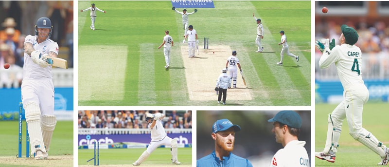 (Clockwise) England captain Ben Stokes plays a shot during the second Ashes Test against Australia at Lord’s on Sunday; Australian players celebrate the wicket of England batter Jonny Bairstow; Australian wicket-keeper Alex Carey prepares to take a catch to dismiss Stokes; Australian captain Pat Cummins and Stokes talk after the match; England tailender Josh Tongue is cleaned up by Australian pacer Mitchell Starc.—Reuters