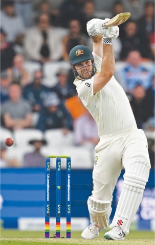  AUSTRALIAN batter Mitchell Marsh hits a boundary during the third Ashes Test against England at Headingley on Thursday.—AFP 