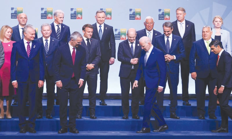 NATO Secretary General Jens Stoltenberg, US President Joe Biden, Lithuanian President Gitanas Nauseda, British Prime Minster Rishi Sunak, Canadian Prime Minister Justin Trudeau, Turkish President Recep Tayyip Erdogan and other alliance leaders stand for a photo, ahead of a Nato summit, in Vilnius, Lithuania, on Tuesday.&mdash;Reuters