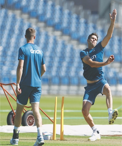 Veteran England paceman James Anderson bowls in the nets at Old Trafford on Monday.—Reuters