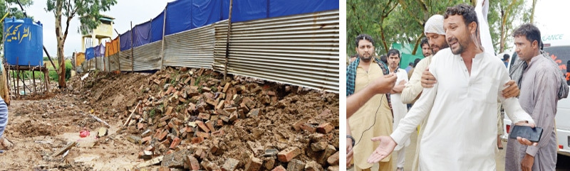 The site where the wall collapsed on tents killing 11 labourers. In the other picture, a worker turns emotional at the office of the construction company near Golra Mor on Wednesday. — Photos by Tanveer Shahzad and Mohammad Asim