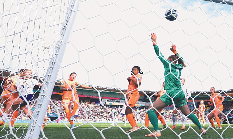 WELLINGTON: Lindsey Horan (L) of the US scores during the Group ‘E’ match against the Netherlands at the Wellington Regional Stadium on Thursday.—Reuters