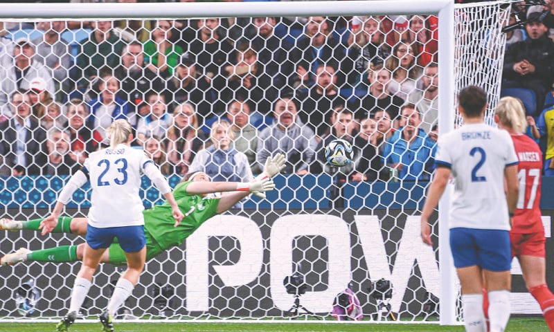 SYDNEY: Denmark&rsquo;s goalkeeper Lene Christensen fails to save a shot on goal by England&rsquo;s Lauren James (not pictured) during their FIFA Women&rsquo;s World Cup Group &lsquo;D&rsquo; match at the Sydney Football Stadium on Friday.&mdash;AFP