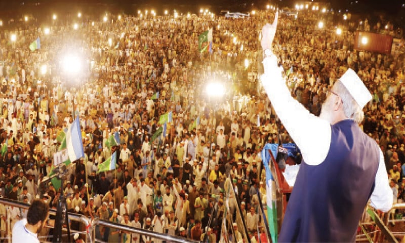 JI chief Sirajul Haq addresses a protest rally in Chakdara on Monday. &mdash; Dawn