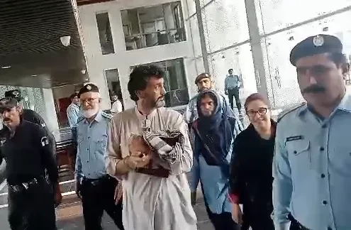 PTI&rsquo;s Shehryar Afridi and Shandana Gulzar are presented at the Islamabad High Court on Wednesday. &mdash; Screengrab from video provided by author