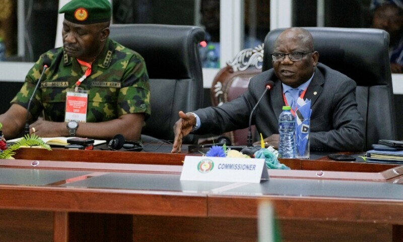 Abdel-Fatau Musah, ECOWAS commissioner, briefs the press on plans to deploy its standby force to the Republic of Niger, in Accra, Ghana August 18, 2023. &mdash; Reuters