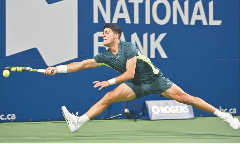 SPAIN’S Carlos Alcaraz in action during the Toronto Masters quarter-final against Tommy Paul of the US at the Sobeys Stadium.—Reuters SPAIN’S Carlos Alcaraz in action during the Toronto Masters quarter-final against Tommy Paul of the US at the Sobeys Stadium.—Reuters