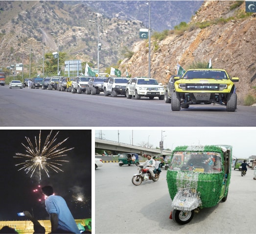 (Clockwise from top) An Independence Day jeep rally passes through a road in North Waziristan. A rickshaw decorated with Pakistan colours in Peshawar. People watch fireworks at Balahisar Fort, Peshawar. — White Star/Agencies