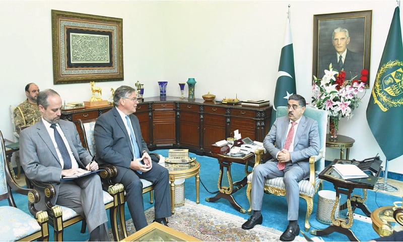 US Ambassador to Pakistan Donald Blome meets caretaker Prime Minister Anwaarul Haq Kakar at Prime Minister’s Office in Islamabad, on Friday.—Online