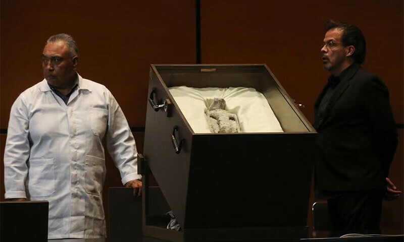 Remains of an allegedly ‘non-human’ being is seen on display during a briefing on unidentified flying objects, known as UFOs, at the San Lazaro legislative palace, in Mexico City, Mexico September 12, 2023.—Reuters/Henry Romero