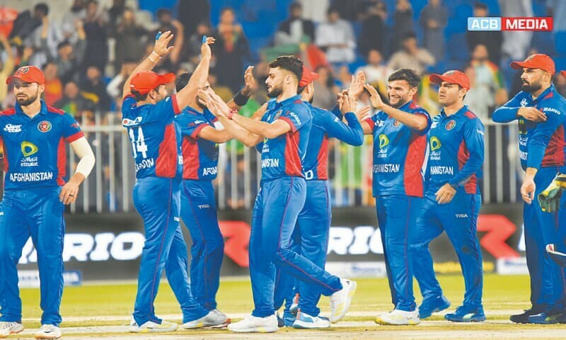 Afghanistan players celebrate a wicket during the first Twenty20 International against Pakistan at the Sharjah Cricket Stadium.—courtesy ACB/File