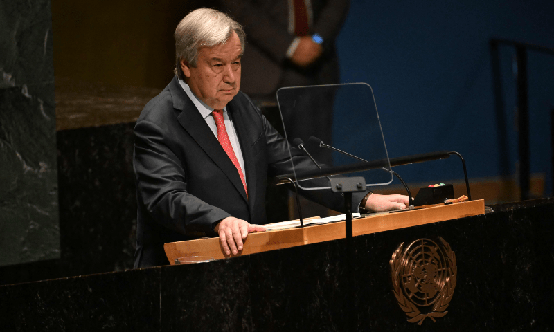 UN Secretary-General Antonio Guterres addresses the 78th United Nations General Assembly at UN headquarters in New York City on September 19. — AFP