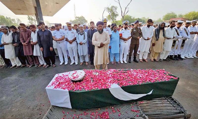 CHINIOT: Funeral of martyred Navy soldier Hussnain Haider is offered at his native town. The helicopter crashed on Monday during a training flight in Gwadar.&mdash;APP