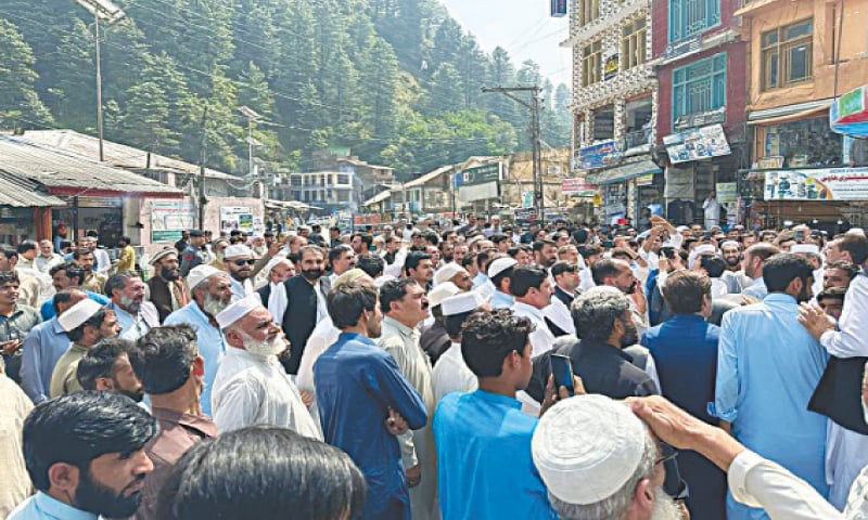 people stage a rally at Alpuri Chowk on Monday. &mdash; Dawn