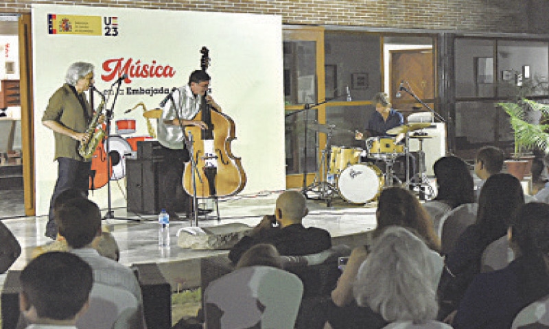 Javier Colina on double bass, Marc Miralta on drums and Perico Sambeat on saxophone entertain guests at the Spanish ambassador&rsquo;s residence on Thursday night. &mdash; Photo by Tanveer Shahzad