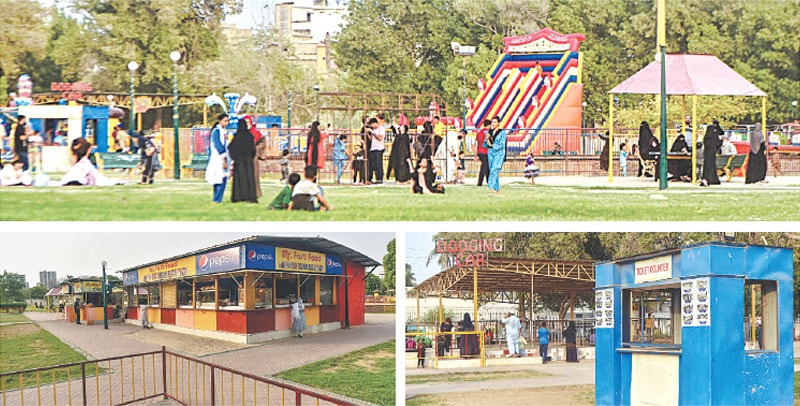  (Top) Commercial activities such as inflatable bouncy castle and different types of rides, which require tickets for children, and other profitable businesses are under way in the Fateh Family Park in Block F of North Nazimabad on Sunday. (Bottom) Kiosks selling ride tickets and fast food items have also been set up in the park.—Fahim Siddiqi / White Star 