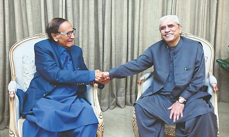 PPP leader Asif Ali Zardari shakes hands with PML-Q chief Chaudhry Shujaat Hussain during their meeting, on Thursday.—PPI