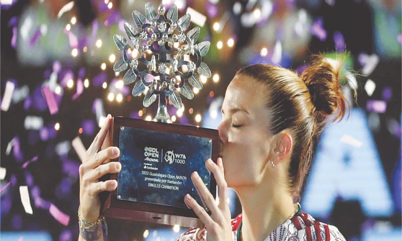 Greece&rsquo;s Maria Sakkari celebrates with the Guadalajara Open trophy after beating Caroline Dolehide of the US in the final.&mdash;Reuters