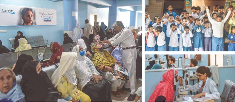 ( Clockwise from left) At the LRBT flagship hospital in Korangi, an ophthalmologist&rsquo;s assistant puts drops into an elderly woman&rsquo;s eyes; students of the Government Special Education and Rehabilitation Centre gesture in sign language about the importance of eye care; and a patient has her eyesight checked, on Thursday.
&mdash;Fahim Siddiqi / White Star