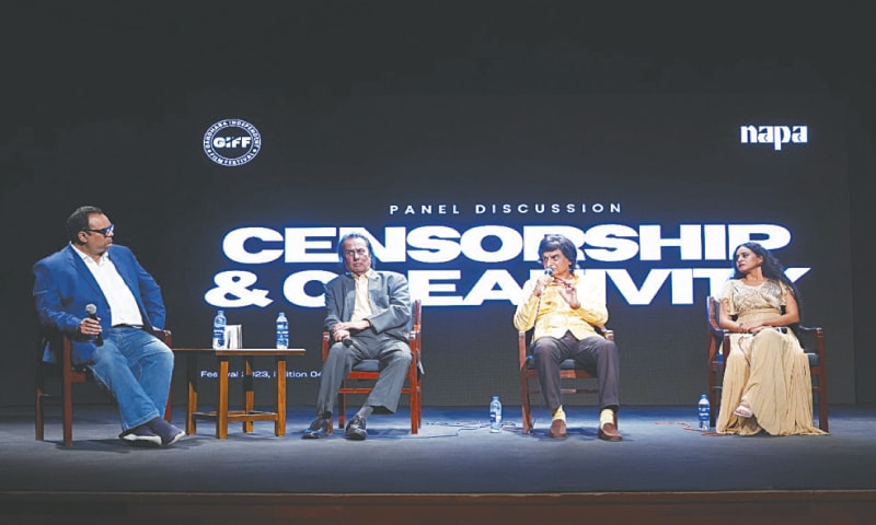 Filmmaker and distributor Satish Anand speaks at the panel discussion on Sunday.—Dawn Filmmaker and distributor Satish Anand speaks at the panel discussion on Sunday.—Dawn
