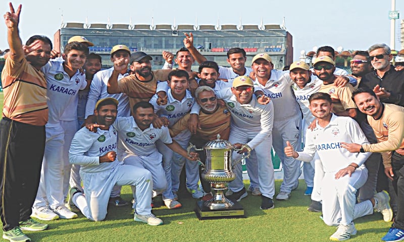 KARACHI Whites squad celebrates after defeating Faisalabad Region in the Quaid-e-Azam Trophy final at the Gaddafi Stadium on Thursday.&mdash;courtesy PCB