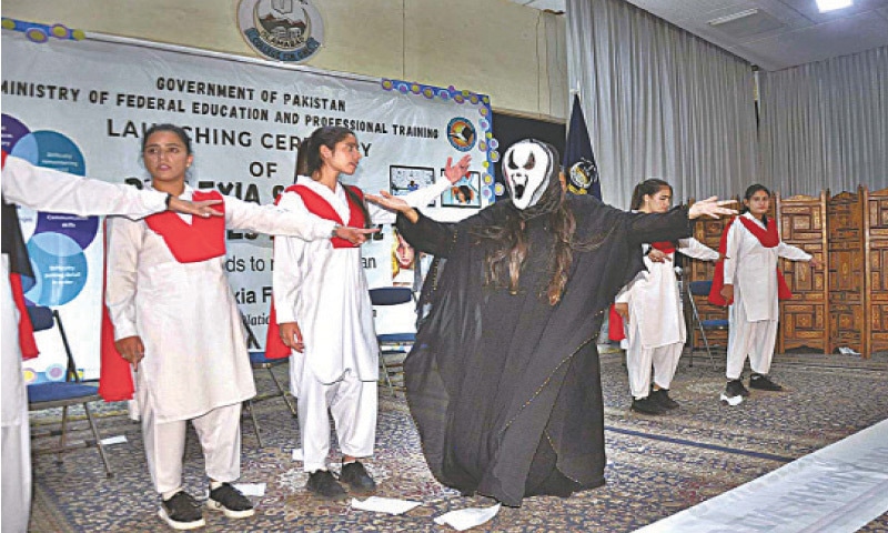 Students perform tableau at the launching ceremony of Dyslexia Special Measures Act-2022 in IMCG F-6/2 on Thursday. &mdash; APP
