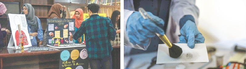 Students educate visitors about the consequences of drug abuse (left) and the science of forensics is put to use for collecting fingerprints from a crime scene. — Fahim Siddiqi / White Star