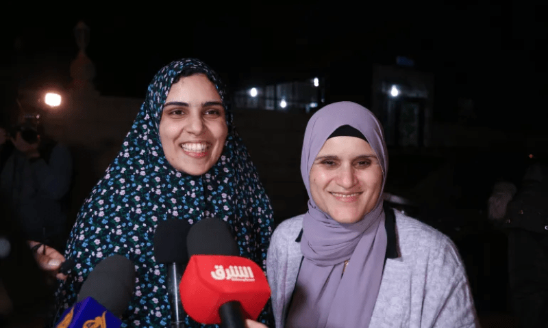 Released Palestinian prisoner Marah Bakeer [L] with her mother, Sawsan [R], following her release from an Israeli prison as part of a prisoner exchange deal between Hamas and Israel &mdash; Faiz Abu Ramleh/Al Jazeera
