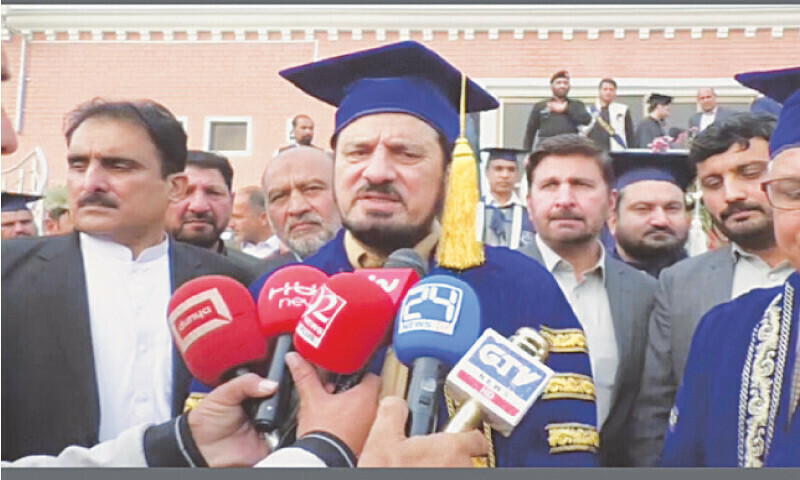 KP Governor Haji Ghulam Ali talks to mediapersons in Swabi on Sunday. — Dawn KP Governor Haji Ghulam Ali talks to mediapersons in Swabi on Sunday. — Dawn