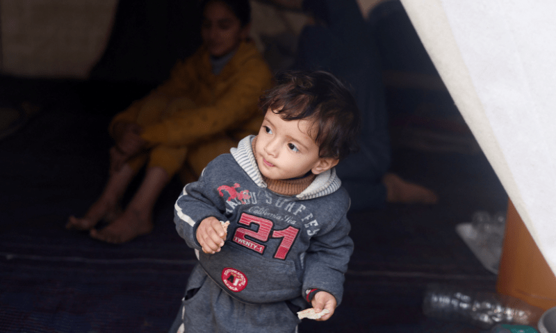 A displaced Palestinian boy, who fled his house with his family due to Israeli strikes, looks out of their tent where they shelter in Rafah, in the southern Gaza Strip December 12. &mdash; Reuters