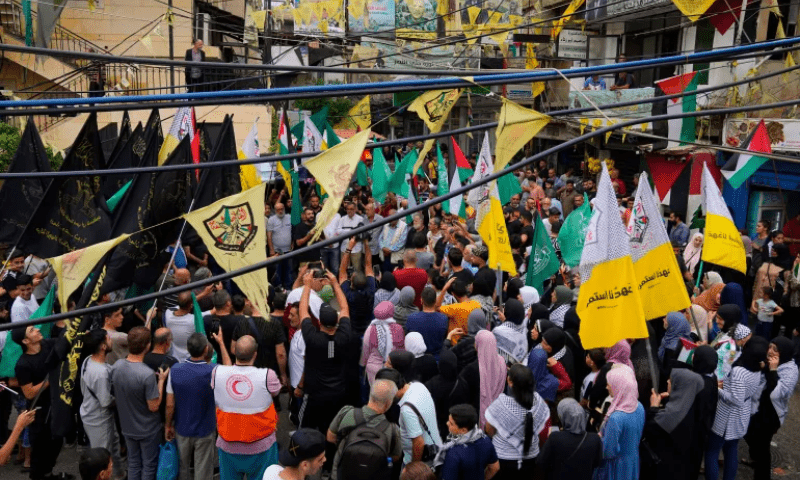 People gather during a protest in solidarity with the Palestinian people in Gaza, after Friday prayers at the Bourj Al-Barajneh Palestinian refugee camp, in Beirut, Lebanon, October 27, 2023. &mdash; AP