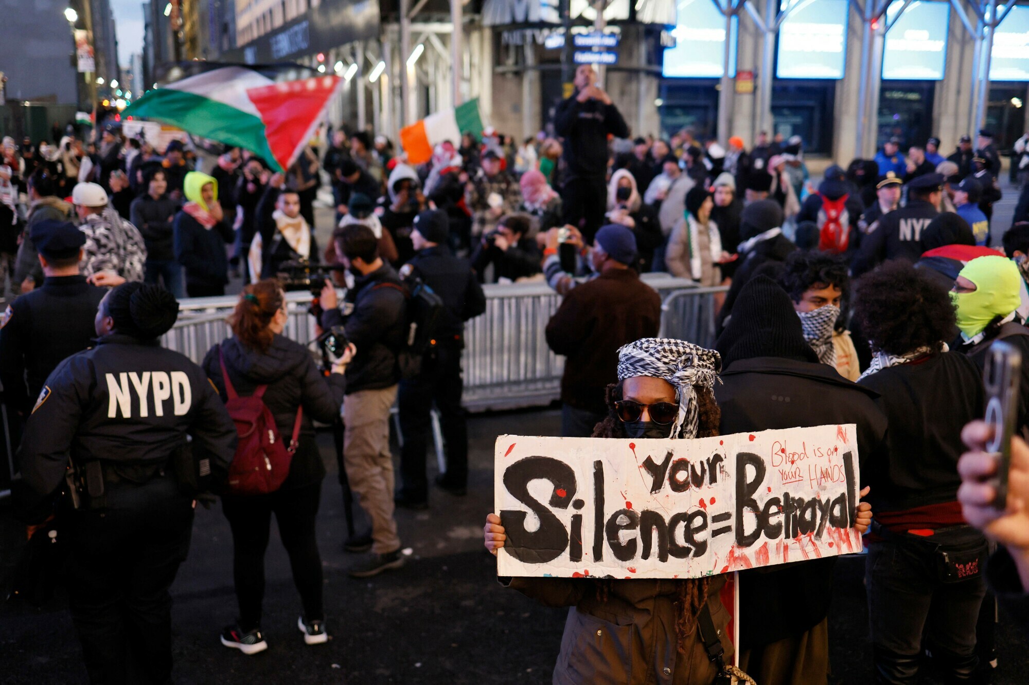 Pro-Palestine activists stop in front of Penn Station while marching in a Global Strike for Gaza on December 18, 2023 in New York City, New York. &mdash; AFP 