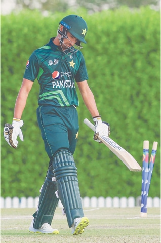 PAKISTAN batter Riazullah walks off dejectedly after being dismissed by UAE off-spinner Hardik Pai during their U-19 Asia Cup semi-final at the ICC Academy ground on Friday.&mdash;courtesy ACC