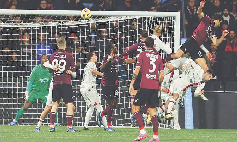 SALERNO: Salernitana&rsquo;s Federico Fazio (R) scores during the Serie A match against AC Milan at the Arechi Stadium.&mdash;AFP